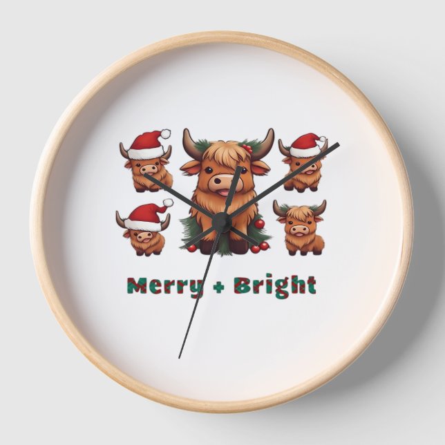 Cute Highland Cow Christmas Merry and Bright, Scot Clock (Front)