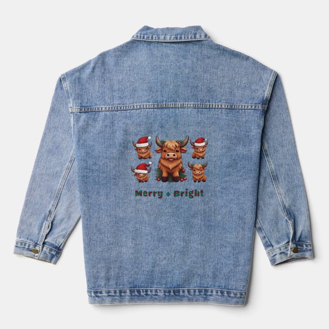 Cute Highland Cow Christmas Merry and Bright, Scot Denim Jacket (Back)