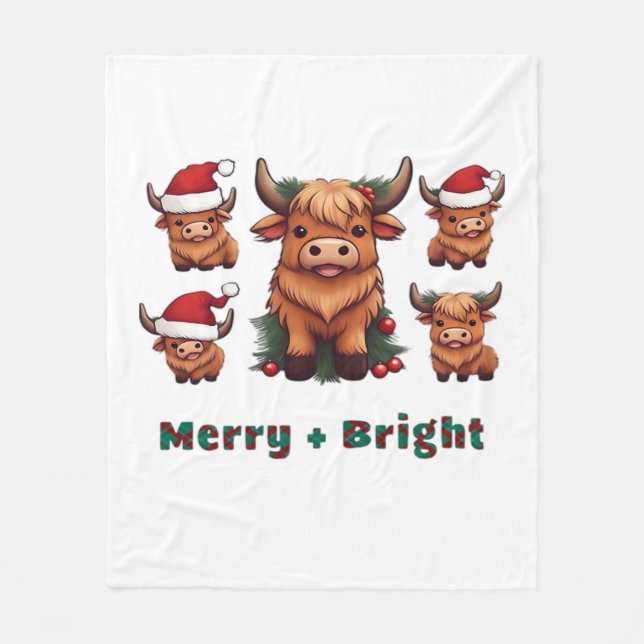 Cute Highland Cow Christmas Merry and Bright, Scot Fleece Blanket (Front)