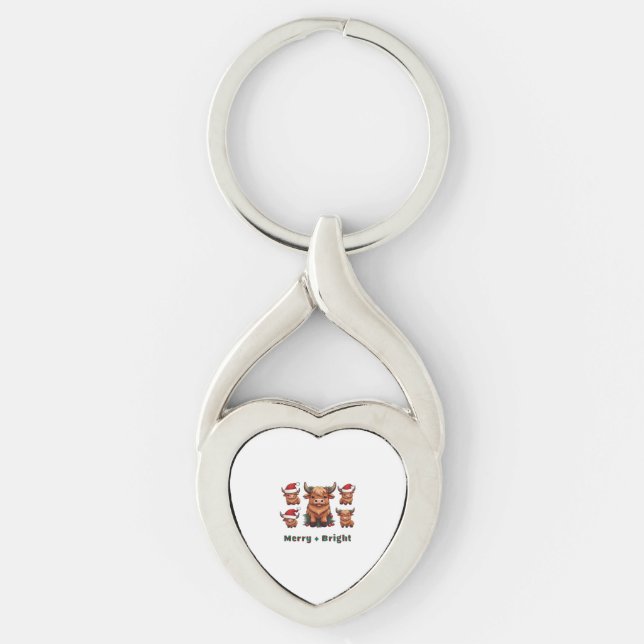 Cute Highland Cow Christmas Merry and Bright, Scot Key Ring (Front)
