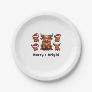 Cute Highland Cow Christmas Merry and Bright, Scot Paper Plate