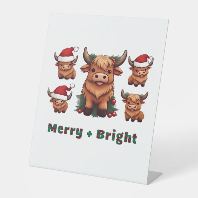 Cute Highland Cow Christmas Merry and Bright, Scot Pedestal Sign (Front)