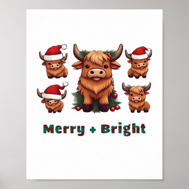 Cute Highland Cow Christmas Merry and Bright, Scot Poster (Front)