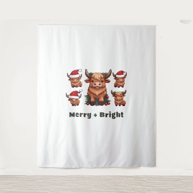 Cute Highland Cow Christmas Merry and Bright, Scot Tapestry (Front)