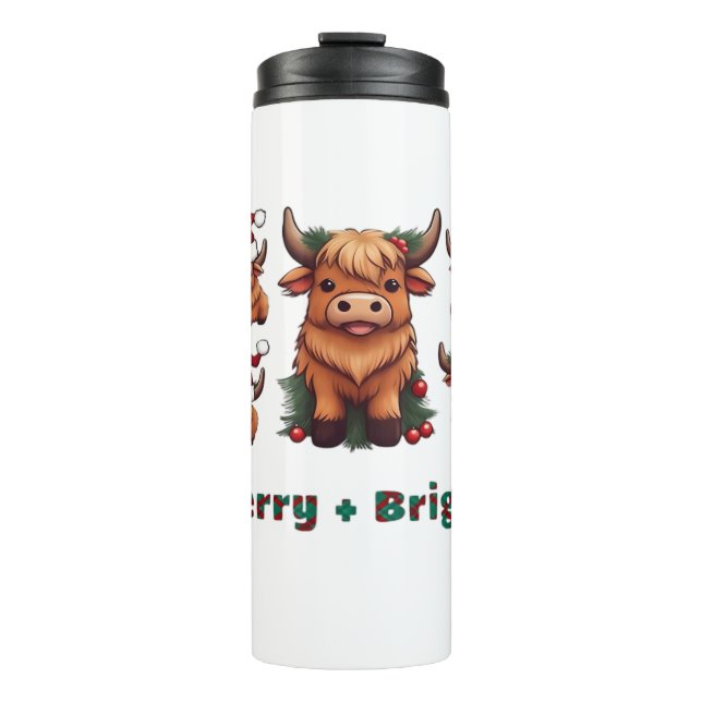 Cute Highland Cow Christmas Merry and Bright, Scot Thermal Tumbler (Front)