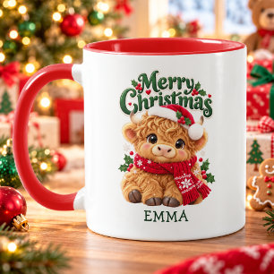 Cute Highland Cow Christmas Name Mug