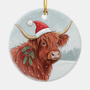 Cute Highland Cow Christmas   Santa Hat Ceramic Tree Decoration