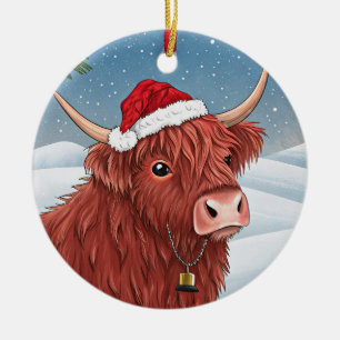 Cute Highland Cow Christmas Santa Hat Ceramic Tree Decoration