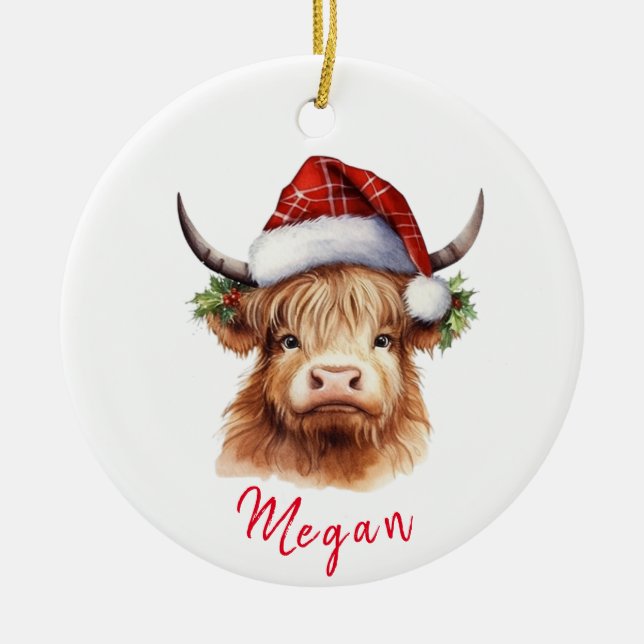 Cute Highland Cow Christmas Santa Hat Personalised Ceramic Tree Decoration (Front)