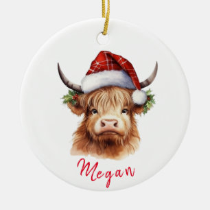 Cute Highland Cow Christmas Santa Hat Personalized Ceramic Tree Decoration