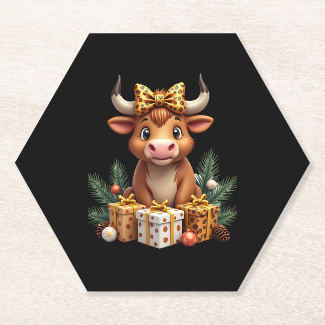 Cute Highland Cow Christmas Santa Highland Cow Lov Paper Coaster (Front)