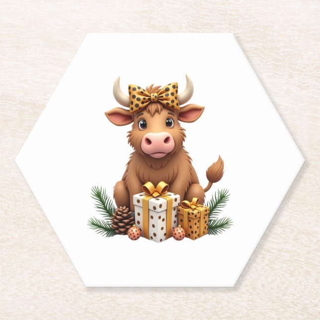 Cute Highland Cow Christmas Santa Highland Cow Lov Paper Coaster (Front)