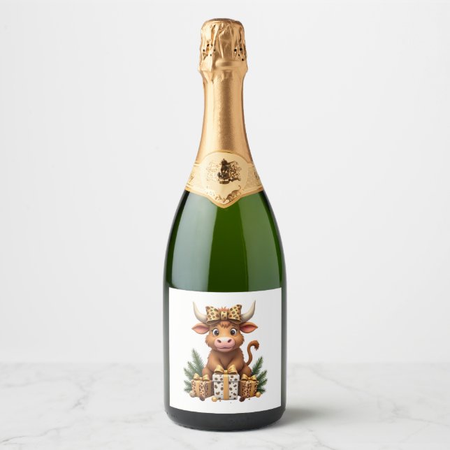 Cute Highland Cow Christmas Santa Highland Cow Lov Sparkling Wine Label (Front)
