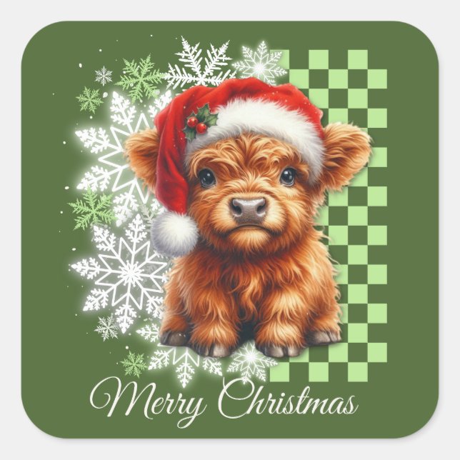 Cute Highland Cow Christmas Square Sticker (Front)
