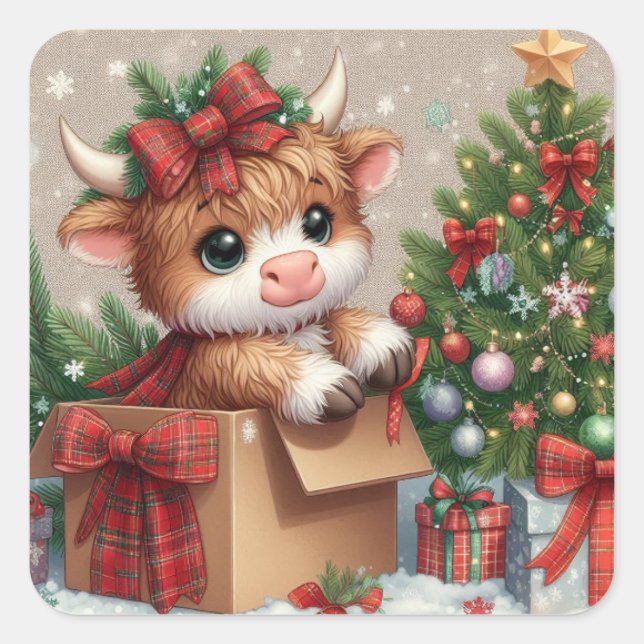Cute Highland Cow Christmas Sticker (Front)