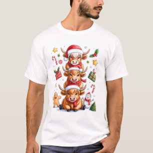 Cute Highland Cow Christmas Tree Fluffy Cow Santa  T-Shirt
