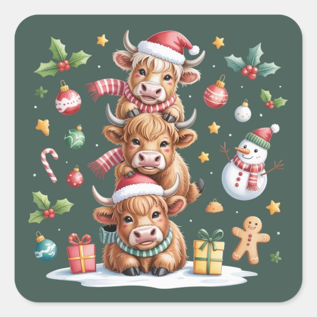 Cute Highland Cow Christmas Trees Hot Cocoa Cosy  Square Sticker (Front)