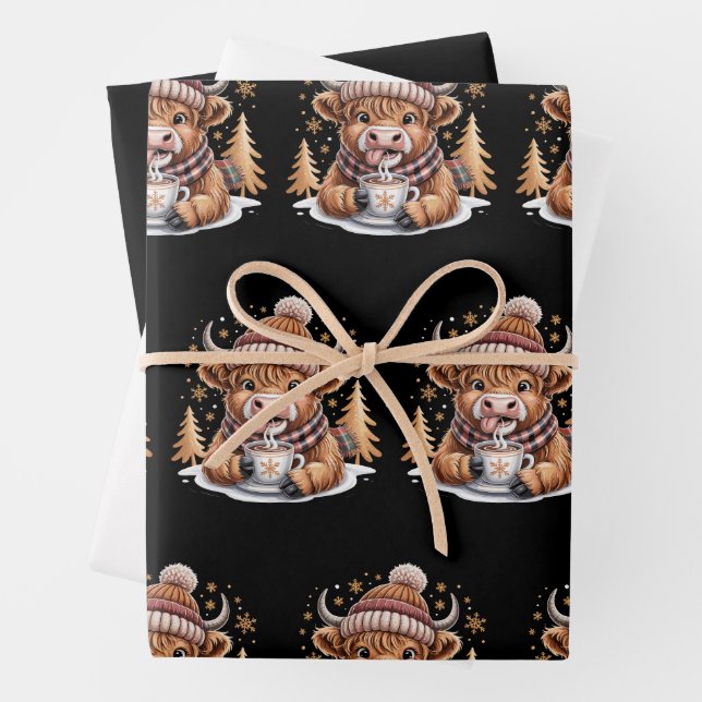 Cute Highland Cow Christmas Trees Hot Cocoa Cosy  Wrapping Paper Sheet (In situ)