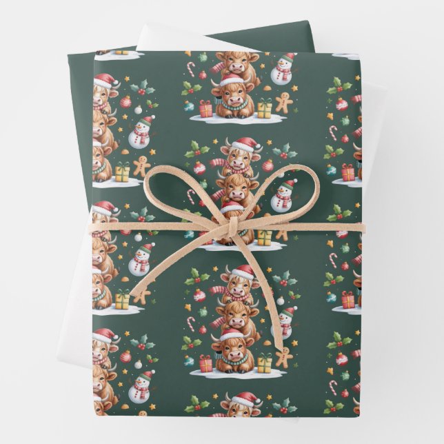 Cute Highland Cow Christmas Trees Hot Cocoa Cosy  Wrapping Paper Sheet (In situ)