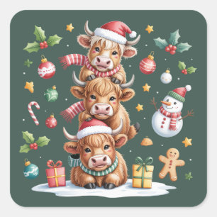 Cute Highland Cow Christmas Trees Hot Cocoa Cozy  Square Sticker