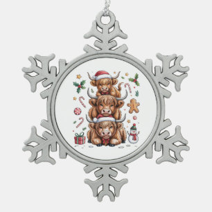 Cute Highland Cow Christmas Xmas Cosy Winter Snowflake Pewter Christmas Ornament