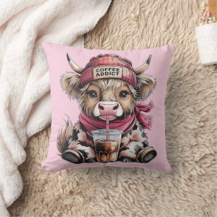 Cute Highland Cow Coffee Addict Funny Drink Coffee Cushion