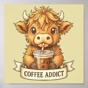 Cute Highland Cow Coffee Addict Funny Drink Coffee Poster