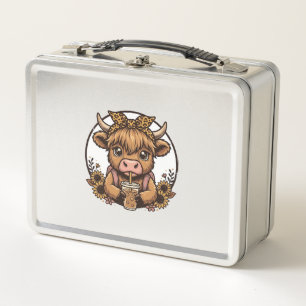 Cute Highland Cow Coffee Sunflower Vintage Shirt_1 Metal Lunch Box