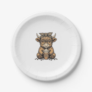 Cute Highland Cow Coffee Vintage Vector Shirt_1 Paper Plate