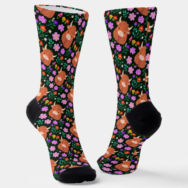 Cute Highland Cow Colourful Floral Black Socks (Angled)