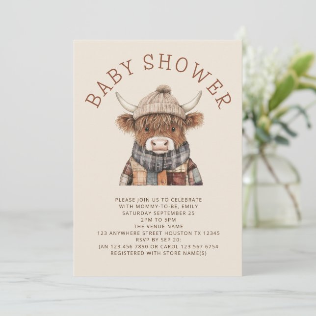 Cute Highland Cow Cream Baby Shower Invitation (Standing Front)