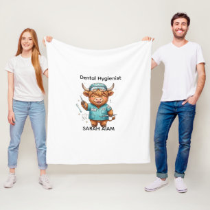 Cute Highland Cow Dental Hygienist Custom Name T-S Fleece Blanket