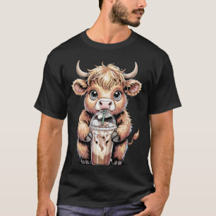 Cute Highland Cow Drinking Iced Coffee Latte & Esp T-Shirt