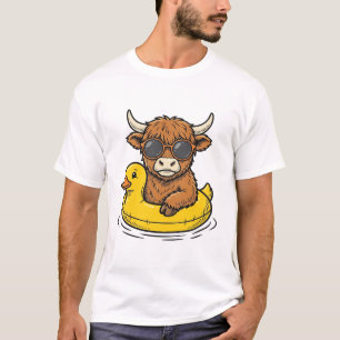 Cute Highland Cow Duck Float Vintage Engraving Art T-Shirt