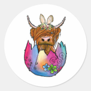 Cute Highland Cow Easter Bunny Cow Girls Easter Classic Round Sticker