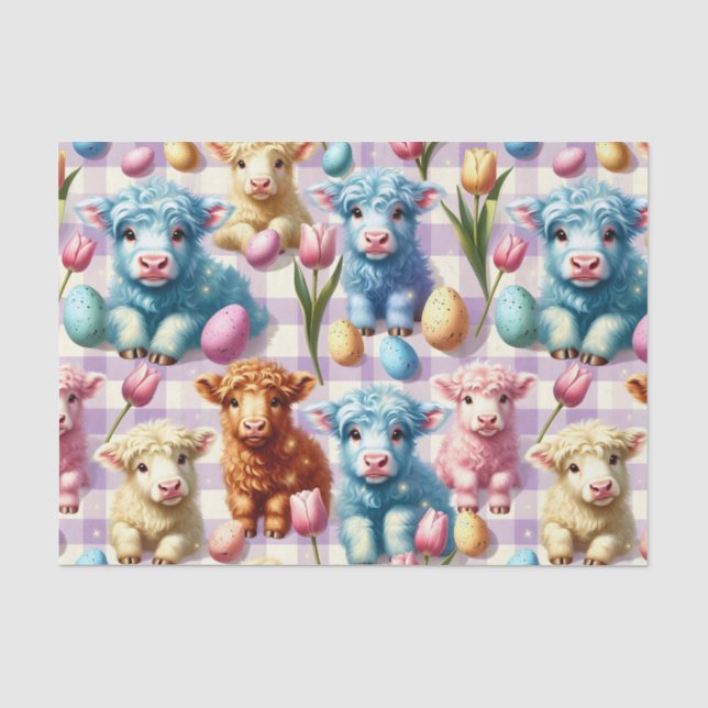 Cute Highland Cow Easter Pastel Eggs Tissue Paper (Front)