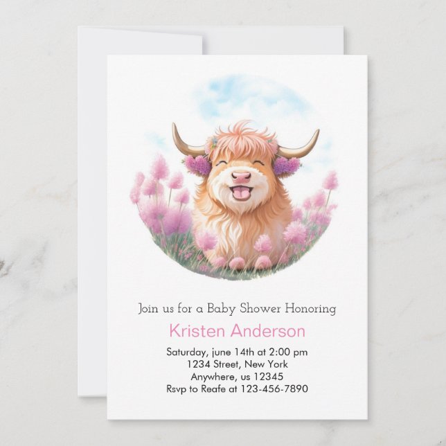 Cute Highland Cow Editable Pink Girl Baby Shower Invitation (Front)