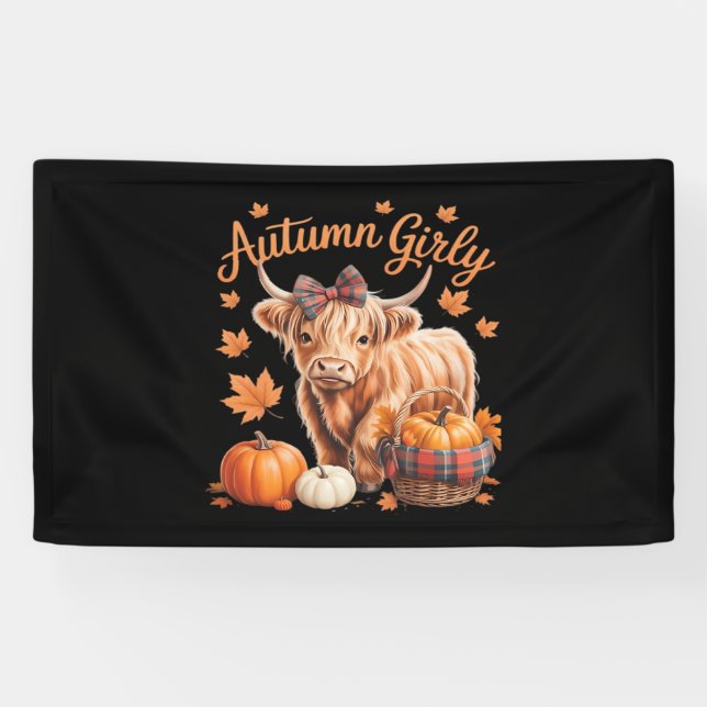 Cute Highland Cow Fall Autumn Girly Thanksgiving C Banner (Horizontal)
