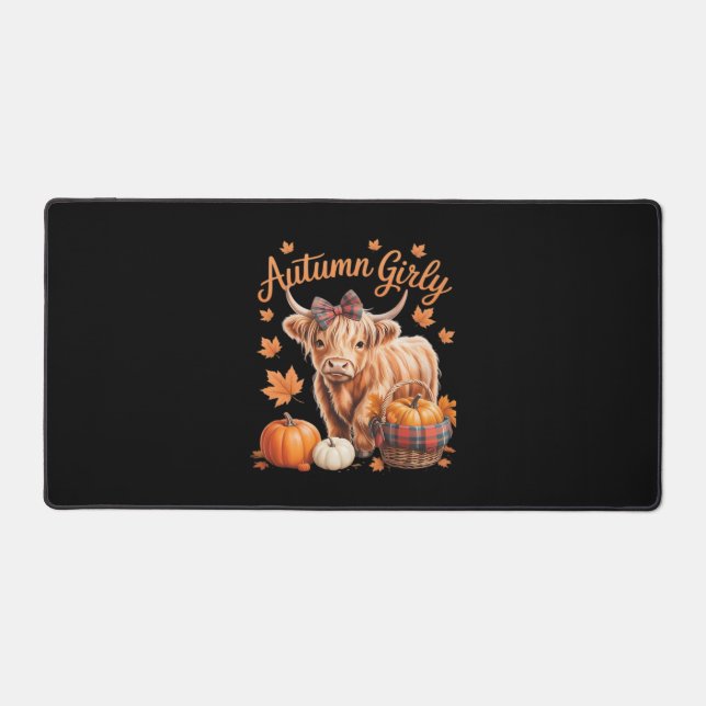 Cute Highland Cow Fall Autumn Girly Thanksgiving C Desk Mat (Front)