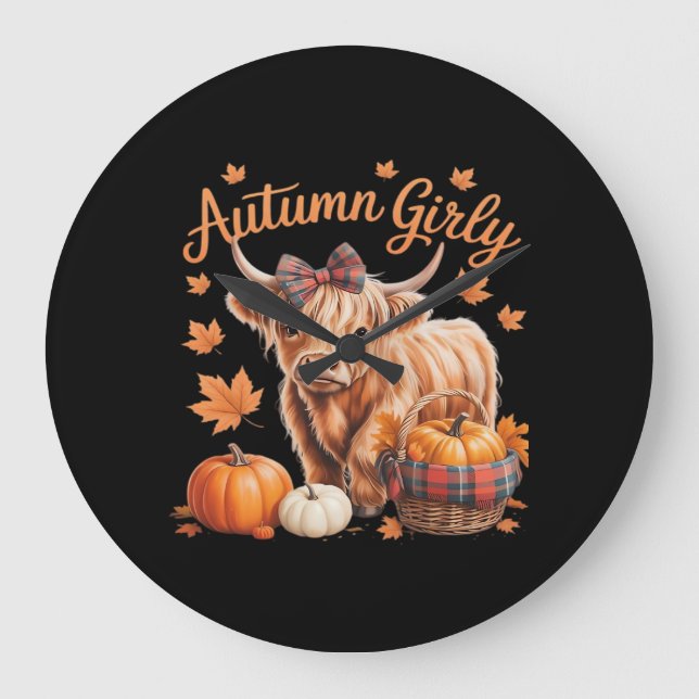 Cute Highland Cow Fall Autumn Girly Thanksgiving C Large Clock (Front)