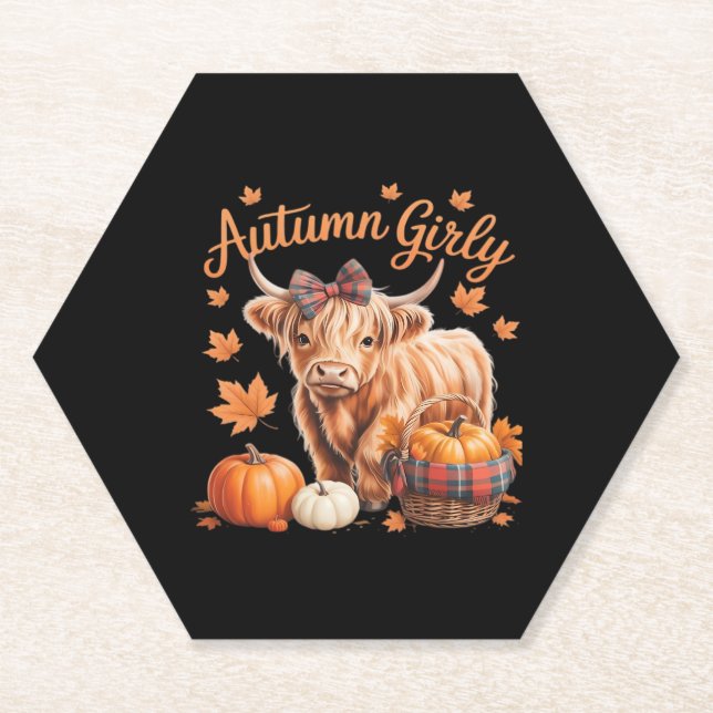Cute Highland Cow Fall Autumn Girly Thanksgiving C Paper Coaster (Front)