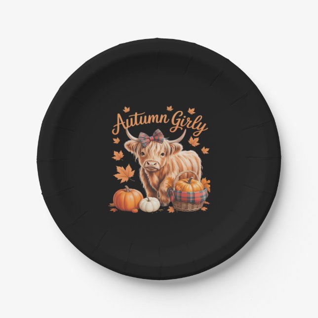 Cute Highland Cow Fall Autumn Girly Thanksgiving C Paper Plate (Front)