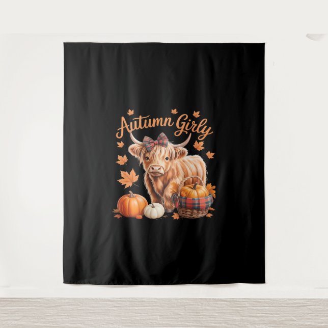 Cute Highland Cow Fall Autumn Girly Thanksgiving C Tapestry (Front)