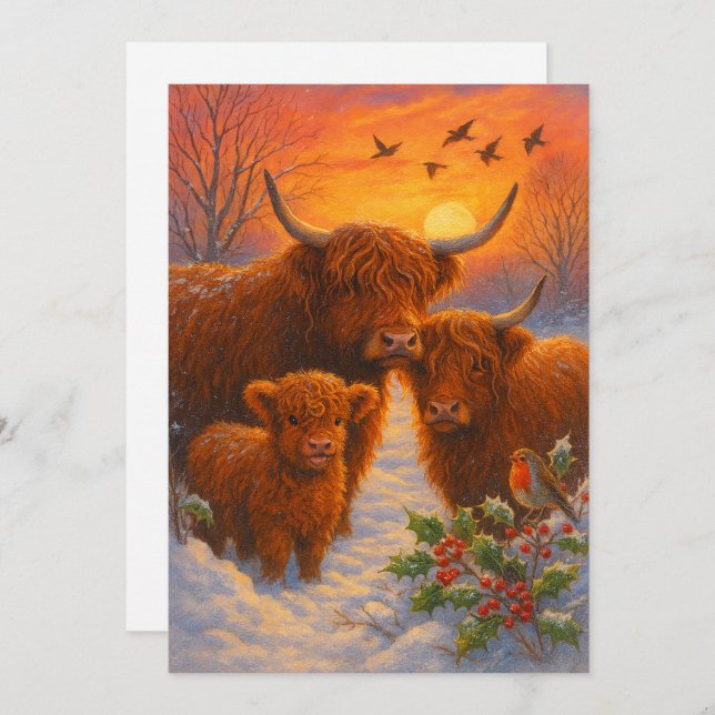 Cute Highland Cow Family In Snowy Woodland Sunset Holiday Card (Front/Back)
