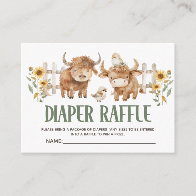 Cute Highland Cow Farm Animal Baby Diaper Raffle Enclosure Card (Front)