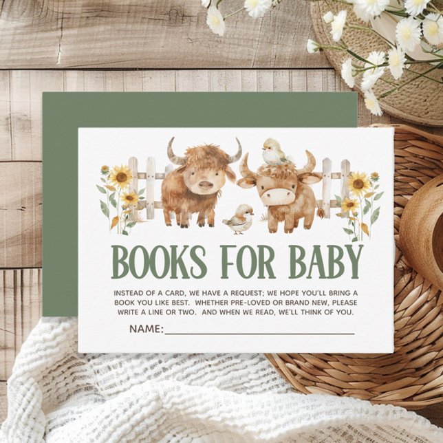 Cute Highland Cow Farm Animal Books Baby Enclosure Card (Cow and farm animal baby shower "Books for Baby" card)