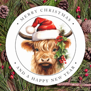 Cute Highland Cow Farm Animal Merry Christmas Classic Round Sticker