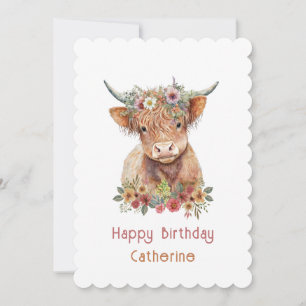 Cute Highland Cow Floral Birthday Name Watercolor  Invitation