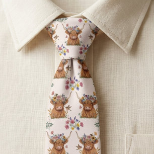 Cute Highland Cow Floral Meadow Farmhouse Tie