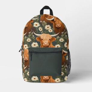 Cute Highland Cow Floral Pattern Printed Backpack